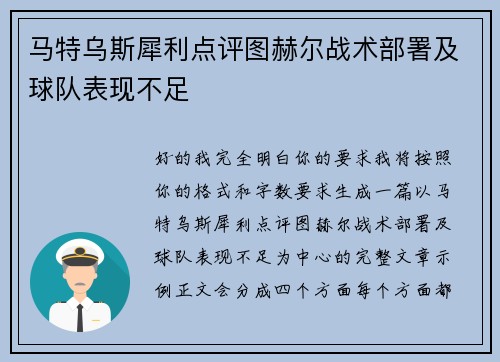 马特乌斯犀利点评图赫尔战术部署及球队表现不足